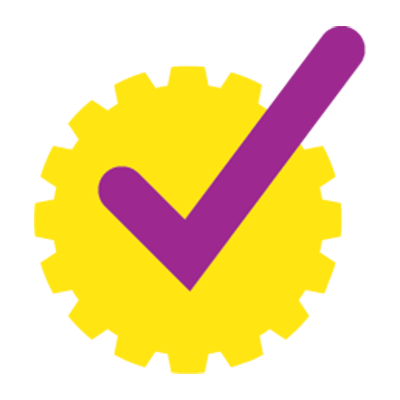 在黄色齿轮上的紫色复选标记